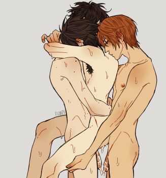 3boys absurdres aftersex armpit_hair beyond_birthday black_hair brown_hair completely_nude cum cum_on_body cum_on_penis death_note death_note:_another_note flaccid floatyart group_sex highres l_(death_note) male_focus mmm_threesome multiple_boys multiple_moles nipples nude sweat threesome yagami_light yaoi