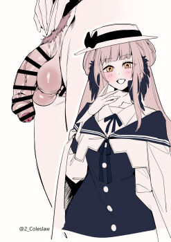 Rule 34 | 1futa, absurdres, arknights, bar censor, blush, bow, buttons, censored, ceylon (arknights), dress, female pubic hair, flaccid, foreskin, full-package futanari, futanari, gloves, hand up, hat, hat bow, hat ribbon, highres, long hair, medium penis, mirin chikuwa, penis, pubic hair, pussy, ribbon, simple background, smile, solo, testicles, veins, veiny penis, white background, yellow eyes