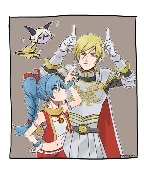 1boy 1girl armlet armor artist_name belt black_horns blonde_hair blue_eyes blue_hair border bracelet breasts brown_background cape colored_eyelashes colored_skin commentary_request dragon_quest dragon_quest_xi gold_trim grey_armor hair_ribbon hand_on_own_hip high_braided_ponytail high_ponytail highres hip_bones homeros_(dq11) horns horns_pose index_finger_raised jewelry knight looking_at_another looking_down low_ponytail maya_(dq11) midriff mnnem monster monster_boy monster_girl navel necklace ponytail purple_skin red_cape red_ribbon red_shorts red_vest ribbon scarf shorts silver_armlet small_breasts spoilers strapless transformation tube_top two-sided_cape two-sided_fabric upper_body vest white_belt white_border white_cape white_tube_top yellow_eyes yellow_scarf yellow_trim