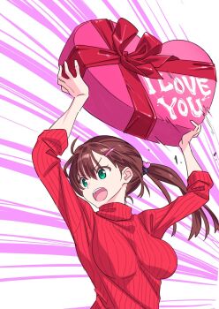 1girl arms_up breasts brown_hair candy chinatsu_(suzutsuki_kurara) chocolate chocolate_heart commentary_request food green_eyes hair_ornament hair_tie hairclip heart heart-shaped_food heart_hair_ornament highres holding large_breasts open_mouth original oversized_food oversized_object pink_background ponytail red_ribbon red_sweater ribbon solo suzutsuki_kurara sweater teeth two-tone_background upper_body upper_teeth_only white_background