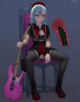 1girl 7-string_guitar ascot bang_dream! bang_dream!_it's_mygo!!!!! beret black_pantyhose black_skirt blush capelet chair clitoris closed_mouth colored_pubic_hair commentary cross-section dildo earrings english_commentary extended_range_guitar female_pubic_hair green_hair guitar hat highres instrument jewelry long_hair long_sleeves mortis_(bang_dream!) mortis_(costume)_(bang_dream!) object_insertion pantyhose pantyhose_under_shorts pubic_hair pussy pussy_juice red_capelet red_hat red_shoes seraziel sex_toy shirt shoes shorts showgirl_skirt sitting skirt solo torn_clothes torn_shorts vaginal vaginal_object_insertion wakaba_mutsumi white_ascot white_shirt yellow_eyes