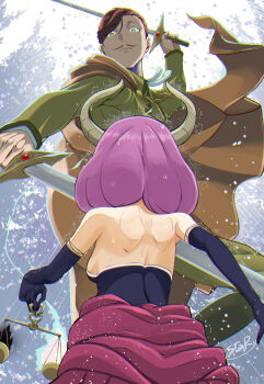 Rule 34 | 1boy, 1girl, absurdres, aura (sousou no frieren), balance scale, bare shoulders, battle, breasts, brown hair, cloak, commentary request, demon girl, demon horns, elbow gloves, facial hair, gloves, hero of the south (sousou no frieren), highres, holding, holding scale, holding sword, holding weapon, horns, long sleeves, looking at another, mustache, nervous sweating, purple hair, que415, sideboob, signature, snowing, sousou no frieren, sweat, sword, twin blades, weapon, weighing scale