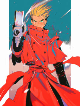 1boy absurdres aiming aiming_at_viewer black_gloves blonde_hair blue_background blue_eyes border coat cowboy_shot crying furrowed_brow gloves gun highres holding holding_gun holding_weapon hollycircling long_coat male_focus mole mole_under_eye red_coat short_hair solo tears trigun vash_the_stampede weapon white_border