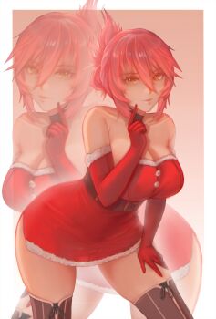 1girl black_choker bob_cut border breasts choker christmas cleavage closed_mouth commentary double-parted_bangs dress eiyuu_densetsu elbow_gloves english_commentary finger_to_cheek fur-trimmed_dress fur_trim gloves gradient_background hair_between_eyes hair_bun hand_on_own_thigh highres index_finger_raised large_breasts leaning_forward light_smile looking_at_viewer pink_background red_dress red_gloves santa_costume santa_dress sara_valestein sen_no_kiseki_(series) short_hair simple_background solo upper_body vordvord white_border yellow_eyes