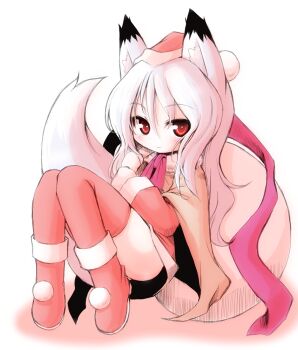 1girl animal_ears boots brown_capelet capelet commentary_request concon-collector dress fox_ears fox_girl fox_tail hat hatching_(texture) holding holding_sack linear_hatching long_hair long_sleeves meta&#039;36 neck_ribbon pink_ribbon pom_pom_(clothes) red_boots red_dress red_eyes red_hat red_thighhighs ribbon sack santa_costume santa_hat short_dress smile solo tail thighhighs white_hair