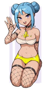 1girl bare_shoulders black_choker blue_hair border borrowed_character breasts bridal_gauntlets choker commentary dark-skinned_female dark_skin detached_sleeves double-parted_bangs double_bun ear_piercing english_commentary fishnet_bridal_gauntlets fishnet_thighhighs fishnets food food_between_breasts full_body hair_bun hand_up iru_may_(akairiot) large_breasts looking_at_viewer melting_popsicle micro_shorts oninuer open_mouth original outside_border piercing popsicle purple_eyes seiza short_hair shorts sidelocks sitting smile solo spiked_choker spikes stomach strapless thighhighs tube_top white_border white_tube_top yellow_shorts