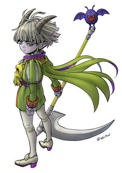 1boy :d absurdres aged_down antennae armor ascot blunt_bangs blunt_ends breastplate cape child colored_skin commentary_request demon_boy dracky dragon_quest dragon_quest_x earrings ebiten_(ebi10d) fangs floating_clothes floating_hair frown full_body gold_earrings green_cape green_jacket grey_hair grey_horns highres holding holding_scythe holding_weapon hoop_earrings horns jacket jewelry looking_at_viewer looking_back looking_to_the_side male_focus nelgel open_mouth pants pointy_ears puff_and_slash_sleeves puffy_sleeves purple_skin scythe short_hair smile solo_focus weapon white_ascot white_background white_pants yellow_eyes