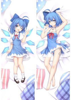 ;d aged_down aged_up ahoge armpits bare_arms bare_legs barefoot bed_sheet black_footwear blue_bow blue_choker blue_dress blue_eyes blue_hair blue_panties bow breasts choker cirno cleavage collarbone collared_shirt dakimakura_(medium) dress dress_shirt from_above full_body hair_between_eyes hair_bow hair_intakes long_hair looking_at_viewer mary_janes medium_hair moeanime neck_ribbon one_eye_closed open_mouth panties pinafore_dress red_ribbon ribbon shirt shoes short_dress side-tie_panties sleeveless sleeveless_dress small_breasts smile socks split_screen striped_clothes striped_panties sundress touhou underwear w white_legwear white_shirt wing_collar