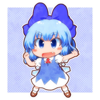 1girl ascot blue_bow blue_dress blue_eyes blue_hair bow brown_shoes cirno collared_shirt commentary_request detached_wings dress fang full_body hair_bow ice ice_wings matty_(zuwzi) medium_hair pinafore_dress puffy_short_sleeves puffy_sleeves red_ascot shirt shoes short_sleeves sleeveless sleeveless_dress socks solo touhou white_shirt white_socks wings