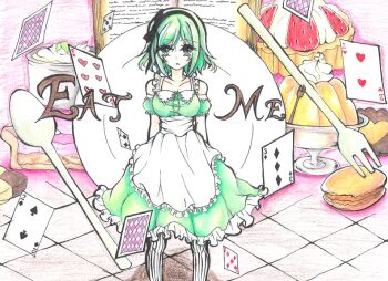 1girl card dessert eat_me food gumi miisu_(minirose) oversized_spoon playing_card sweets vocaloid
