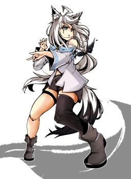 Rule 34 | 1girl, absurdres, ahoge, animal ear fluff, bare shoulders, black boots, black thighhighs, blue eyes, boots, full body, highres, hololive, idol showdown, navel, official art, shirakami fubuki, shirakami fubuki (1st costume), single thighhigh, solo, thighhighs, virtual youtuber, white hair