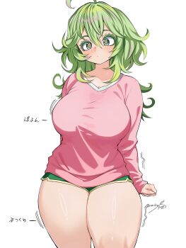 1girl absurdres ahoge alternate_costume boku_no_hero_academia breasts commentary_request curvy dolphin_shorts green_hair green_shorts hagakure_toru harutoyumaarts highres large_breasts long_hair pink_shirt shirt short_shorts shorts simple_background solo thick_thighs thighs twitter_username very_long_hair white_background