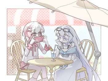2girls alternate_costume beach_umbrella bow chair cocktail cocktail_glass commentary commission cup dress drinking_glass english_commentary eyewear_on_head hair_bow hand_on_own_cheek hand_on_own_face highres holding holding_phone long_hair mahou_shoujo_no_majo_saiban multicolored_hair multiple_girls on_chair outdoors phone pink_bow pink_eyes sakuraba_ema second-party_source shilizi shirt short_hair sitting smile spoilers table taking_picture tsukishiro_yuki umbrella white_dress white_shirt