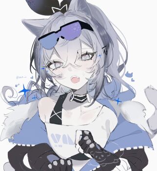 1girl black_bow black_gloves blush bow choker crossed_bangs eyelashes eyewear_on_head fingerless_gloves fish_skeleton fur_trim gloves grey_eyes grey_hair hair_between_eyes hair_bow heart highres honkai:_star_rail honkai_(series) jacket jacket_partially_removed kemonomimi_mode long_hair looking_at_viewer open_mouth ponytail print_shirt shirt silver_wolf_(honkai:_star_rail) simple_background solo strap sui_(0x0_2) sweat teeth twitter_username upper_body upper_teeth_only white_background white_shirt