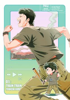 2boys absurdres ace_of_diamond baseball_bat border commentary_request deformed dirty dirty_face green_hair green_pants green_shirt highres holding holding_baseball_bat kuramochi_youichi kusatakesi male_focus multiple_boys open_mouth outside_border pants running shirt short_hair sideburns teeth watermark white_border