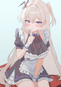 Rule 34 | 1girl, absurdres, apron, between legs, black dress, blush, breasts, closed mouth, detached sleeves, dress, epic seven, finger to mouth, hair ornament, hand between legs, highres, konjou, laia (epic seven), large breasts, long hair, looking at viewer, maid apron, neck ribbon, purple eyes, ribbon, short sleeves, shushing, sitting, smile, solo, two side up, very long hair, white hair, wing collar, wrist cuffs
