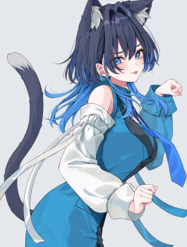 1girl :p animal_ears asymmetrical_sleeves black_hair black_vest blue_eyes blue_hair blue_necktie blue_shirt blue_sleeves blue_vest cat_ears cat_girl cat_tail collared_shirt colored_inner_hair commentary detached_sleeves double-parted_bangs earrings from_side grey_background hair_between_eyes hair_intakes highres hololive hololive_english jewelry long_hair looking_at_viewer mismatched_sleeves mogu_(au1127) multicolored_hair necktie official_alternate_costume official_alternate_hairstyle ouro_kronii ouro_kronii_(4th_costume) paw_pose shirt sidelocks simple_background sleeveless sleeveless_shirt solo tail tongue tongue_out two-tone_hair vest virtual_youtuber white_sleeves wolf_cut wolf_ears