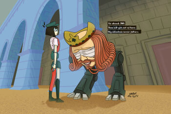 Rule 34 | 1boy, 1girl, balding, bandages, bandages over eyes, beard, black eyes, black hair, blunt bangs, blunt ends, bob cut, bowing, colored skin, crown, cyborg, ena: dream bbq, ena (dream bbq), ena (series), ena (species), facial hair, flipped hair, floating head, full beard, green hat, hat, highres, in-universe location, low poly, meanie ena, multicolored skin, mustache, official style, red skin, scene reference, shirt, short sleeves, split-color skin, spookyoffduty, thick mustache, two-tone skin, unforgiven frank, white skin