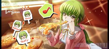 ! 1girl =_= blush bow breasts c.c. cheese cheese_trail chibi chibi_inset code_geass code_geass:_lost_stories commentary_request copyright_name cup eating english_text eyebrows_hidden_by_hair f4samurai food glint green_hair hair_bow head_tilt heart highres holding holding_food holding_pizza indoors looking_at_viewer low_ponytail medium_breasts musical_note official_art open_mouth parted_lips pink_bow pizza pizza_slice ponytail shadow smile speech_bubble spoken_musical_note water yellow_eyes