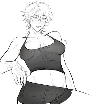 1girl 9enesiass blue_eyes blush breasts closed_mouth collarbone covered_erect_nipples genderswap genderswap_(mtf) gojou_satoru greyscale hashtag-only_commentary highres jujutsu_kaisen looking_to_the_side monochrome navel no_bra short_shorts shorts solo