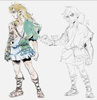1boy asymmetrical_clothes blonde_hair body_markings closed_mouth commentary earrings english_commentary english_text full_body gladiator_sandals jewelry kb-mon link long_hair male_focus multiple_views nintendo pointy_ears profile prosthesis sandals sidelocks solo the_legend_of_zelda the_legend_of_zelda:_tears_of_the_kingdom white_background