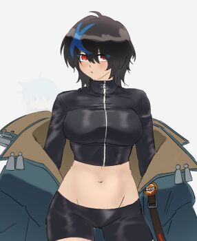 1girl bike_shorts black_hair black_jumpsuit blue_jacket blue_streaks blush breasts commentary cropped_shirt english_commentary groin guilty_gear guilty_gear_strive hair_between_eyes highres jacket jumpsuit large_breasts looking_at_viewer midriff multicolored_hair navel red_eyes shorts simple_background solo stomach tazuransi tomboy unika_(guilty_gear) white_background zipper zipper_pull_tab