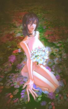 1girl absurdres black_choker black_hair bouquet breasts chainsaw_man choker cleavage collarbone dromi999 field flower flower_field full_body hair_between_eyes hair_bun highres holding holding_bouquet kneeling looking_at_viewer medium_breasts medium_hair nude outstretched_hand reze_(chainsaw_man) smile solo updo white_flower