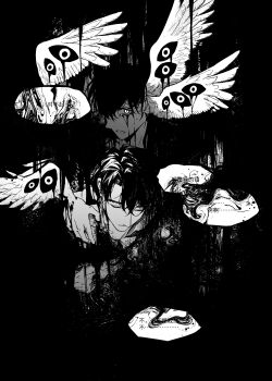 2boys absurdres blood bloody_tears chinese_text clenched_teeth closed_eyes commentary_request crying crying_with_eyes_open curtained_hair distortion dripping greyscale hair_between_eyes hand_on_another&#039;s_shoulder head_down head_wings highres horror_(theme) kim_dokja male_focus monochrome multiple_boys multiple_wings omniscient_reader&#039;s_viewpoint sanjinmogufufu short_hair tears teeth too_many_eyes too_many_wings translation_request upper_body wings yoo_joonghyuk