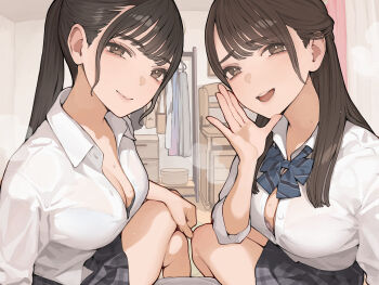 Rule 34 | 2girls, absurdres, asmr, black skirt, bow, bowtie, bra visible through clothes, breasts, brown eyes, brown hair, cleavage, collared shirt, commentary request, highres, indoors, koh (minagi kou), long hair, looking at viewer, medium breasts, miniskirt, multiple girls, open mouth, original, partially unbuttoned, plaid clothes, plaid skirt, ponytail, shirt, sitting, skirt, smile, striped bow, striped bowtie, striped clothes, white shirt