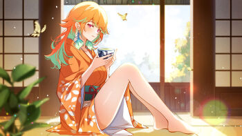 1girl absurdres barefoot colored_inner_hair commentary_request cup cyanzan day earrings feather_earrings feathers feet from_side full_body gradient_hair green_feathers green_hair green_sash hair_flaps highres holding holding_cup hololive hololive_english indoors japanese_clothes jewelry kimono knees_up lens_flare long_hair looking_at_viewer multicolored_hair obi orange_hair orange_kimono print_kimono purple_eyes sash sitting solo takanashi_kiara toes virtual_youtuber yukata