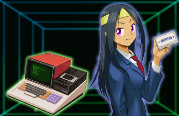 1girl black_hair blue_jacket cassette_tape closed_mouth collared_shirt commentary_request computer dark-skinned_female dark_skin formal_clothes hairband hand_up holding_cassette jacket lapels long_hair looking_to_the_side mz-80k necktie original protonozawa purple_eyes red_necktie sharp_corporation shirt smile solo suit suit_jacket upper_body white_shirt yellow_hairband