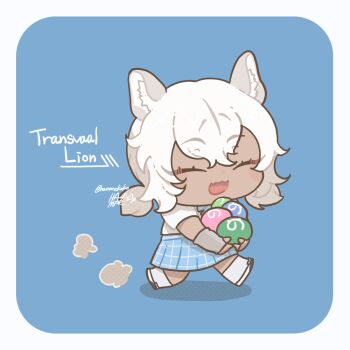 1girl animal_ears blue_skirt border bow bowtie carrying character_name chibi chibi_only closed_eyes dark-skinned_female dark_skin detached_sleeves food full_body hamanekoko holding holding_food japari_bun kemono_friends kemono_friends_3 lion_ears low_twintails no_tail open_mouth plaid_bow plaid_bowtie plaid_clothes plaid_skirt shirt short_sleeves short_twintails skirt smile solo thumb_hole_sleeves transvaal_lion_(kemono_friends) twintails walking white_border white_hair white_shirt