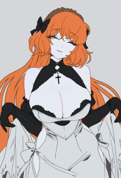 Rule 34 | 1girl, black bow, black gloves, body freckles, bow, breasts, brown hairband, bygone days (e.g.o), cleavage, closed eyes, clothing cutout, cowboy shot, cross, cross necklace, dress, e.g.o (project moon), elbow gloves, freckles, gloves, hair bow, hairband, highres, ishmael (project moon), jewelry, large breasts, limbus company, long hair, necklace, orange hair, project moon, rodionlotte, rope, side cutout, sidelocks, solo, tears, very long hair, white dress