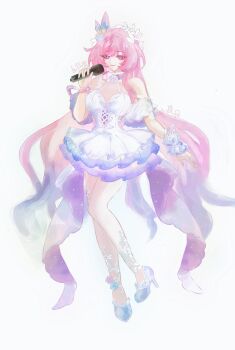 Rule 34 | 1girl, absurdres, alternate costume, bare shoulders, breasts, cyrene (demiurge) (honkai: star rail), cyrene (honkai: star rail), detached sleeves, diamond-shaped pupils, diamond (shape), dress, flower, full body, hair flower, hair ornament, high heels, highres, holding, holding microphone, honkai: star rail, honkai (series), large breasts, long hair, looking at viewer, microphone, multicolored hair, pink hair, pointy ears, purple eyes, purple hair, simple background, smile, solo, symbol-shaped pupils, very long hair, white background, white dress, white hair, yu diandian