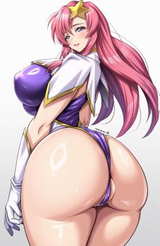 1girl blue_eyes blush breasts commentary covered_erect_nipples from_behind gloves gundam gundam_seed gundam_seed_destiny hair_ornament highleg highleg_leotard highres impossible_clothes impossible_leotard large_breasts leotard long_hair looking_at_viewer looking_back meer_campbell multicolored_leotard open_mouth pink_hair purple_leotard ring_light_reflection shiny_skin smile solo standing star_(symbol) star_hair_ornament thong_leotard white_gloves white_leotard yoohi