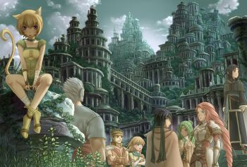 4boys 4girls armor black_hair blue_hair boyd_(fire_emblem) breastplate breasts brother_and_sister cat cat_girl commentary_request elincia_ridell_crimea facial_mark fire_emblem fire_emblem:_path_of_radiance forehead_mark green_eyes green_hair headband ike_(fire_emblem) kyuui lethe_(fire_emblem) long_hair mist_(fire_emblem) mordecai_(fire_emblem) multiple_boys multiple_girls nintendo outdoors purple_eyes short_hair siblings sitting small_breasts soren_(fire_emblem) tail titania_(fire_emblem)