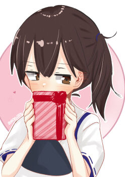 1girl black_hair box brown_eyes covering_own_mouth gift gift_box highres kaga_(kancolle) kantai_collection kosode long_hair looking_at_viewer mf_u_c muneate one-hour_drawing_challenge side_ponytail solo tasuki upper_body