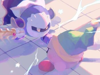 armor artist_request battle blue_cape blue_eyes cape copy_ability determined electricity eye_contact floating_cape floating_clothes galaxia_(sword) gloves green_hat hat holding holding_sword holding_weapon kirby kirby_(series) legs_apart looking_at_another meta_knight motion_blur nintendo no_humans pauldrons pom_pom_(clothes) purple_shoes sabaton shadow shoes shoulder_armor solid_oval_eyes source_request star_(symbol) sweatdrop sword sword_kirby third-party_source tile_floor tiles weapon white_gloves white_mask yellow_eyes