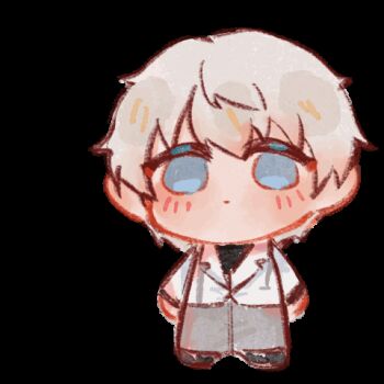 1boy animated animated_gif black_footwear blank_eyes blowing_kiss blue_eyes blush chibi ear_blush grey_hair grey_pants jacket lapels light_smile lizhi_zhu_lie_jiu looking_at_viewer love_and_deepspace lowres male_focus notched_lapels pants short_hair smile solo square standing undershirt white_jacket xavier_(love_and_deepspace)