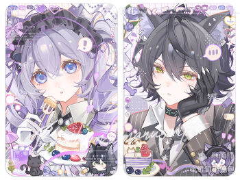 ! 1boy 1girl :o animal_ear_fluff animal_ears black_gloves black_hair black_hairband black_jacket black_necktie blue_eyes border cat_boy cat_ears cat_girl cat_tail closed_mouth collared_shirt double-parted_bangs gloves green_eyes hair_between_eyes hairband head_rest jacket long_hair long_sleeves mihuashi_username necktie open_mouth original portrait purple_hair shirt short_hair spoken_blush spoken_exclamation_mark tail watermark white_border white_gloves white_shirt xun_xun_xiaolongbao