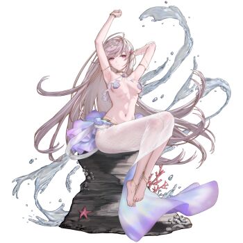 1girl anklet armlet armpits barefoot barnacle bikini bracelet breasts coral dress earrings emily_(last_origin) frilled_bikini frills full_body gem gold_anklet gold_armlet gold_bracelet gold_collar hair_ornament highres iridescent jewelry last_origin legs_together linea_alba long_dress long_hair mel_(dodosae) mermaid_costume mermaid_dress multiple_anklets navel non-web_source official_alternate_costume official_art pink_hair purple_eyes purple_gem rock scale_print shell shell_bikini shell_hair_ornament simple_background sitting skirt small_breasts solo starfish_hair_ornament stretching swimsuit tachi-e transparent_background two-tone_skirt very_long_hair water white_bikini white_skirt
