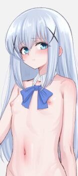 1girl blue_eyes blush bow closed_mouth detached_collar embarrassed flat_chest gochuumon_wa_usagi_desu_ka? grey_hair hair_between_eyes hair_ornament hip_bones kafuu_chino loli long_bangs long_hair looking_at_viewer mustee navel nipples nude raised_eyebrows ribs sidelocks simple_background solo white_background x_hair_ornament