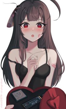 1girl bandaid bandaid_on_face blush box breasts brown_hair bug collarbone cpu heart heart-shaped_box heart-shaped_pupils highres insect long_hair looking_at_viewer medium_breasts mole mole_under_eye moth off_shoulder open_mouth original pov ram_(computer) red_eyes straight-on symbol-shaped_pupils valentine vickie_(cryingrobot) vickie_(cryingrobot)_(character)