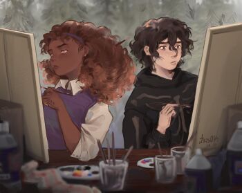 1boy 1girl bags_under_eyes black_eyes black_hair black_hoodie bottle brother_and_sister brown_hair canvas_(object) collared_shirt commentary cup curly_hair dark-skinned_female dark_skin english_commentary hazel_levesque highres holding holding_paintbrush hood hood_down hoodie itsis0k nico_di_angelo paint_palette paintbrush painting_(action) percy_jackson_and_the_olympians purple_vest serious shirt short_hair siblings skeleton_print upper_body vest white_shirt yellow_eyes