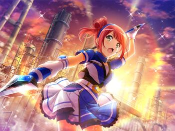 1girl belt blue_hairband blue_shirt blue_shorts blue_skirt brown_eyes contrapposto factory game_cg gloves hair_bun hairband holding holding_polearm holding_weapon kano_misora looking_at_viewer official_art open_mouth polearm red_hair shirt short_sleeves shorts shorts_under_skirt shoujo_kageki_revue_starlight shoujo_kageki_revue_starlight_-re_live- sidelocks skirt solo spear standing swept_bangs two-tone_skirt upper_body weapon white_belt white_gloves white_skirt