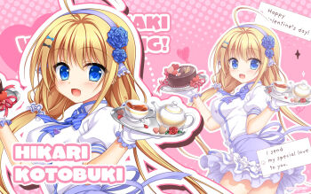 1girl :d ahoge black_bow blonde_hair blue_bow blue_eyes blue_flower blue_hairband blue_rose blue_skirt blush bow cake character_name chocolate_cake copyright_notice cowboy_shot cup dual_wielding english_text eyes_visible_through_hair floating_hair flower food frilled_skirt frills hair_between_eyes hair_bow hair_flower hair_ornament hair_scrunchie hairband hanasaki_work_spring happy happy_valentine heart heart_of_string highres holding holding_tray huge_ahoge kotobuki_hikari long_hair looking_at_viewer low_twintails matsumiya_kiseri notice_lines official_art official_wallpaper open_mouth outline pink_background puffy_short_sleeves puffy_sleeves red_ribbon ribbon rose scrunchie shirt short_sleeves sidelocks simple_background skirt smile solo sparkle tea teacup teapot tray twintails upper_body upskirt valentine very_long_hair white_outline white_scrunchie white_shirt zoom_layer