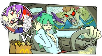 1boy 2girls angry bat_wings breasts car car_interior cellphone claws cleavage colored_skin commentary crossover darkstalkers demitri_maximoff demon_girl driving english_commentary english_text green_hair head_wings highres holding holding_phone ionodom lilith_(darkstalkers) long_hair mcdonald's medium_breasts morrigan_aensland motor_vehicle multiple_girls official_alternate_costume open_clothes open_shirt phone purple_hair rain red_eyes screaming sharp_teeth shirt short_hair smartphone steering_wheel talking_on_phone teeth wings zombie