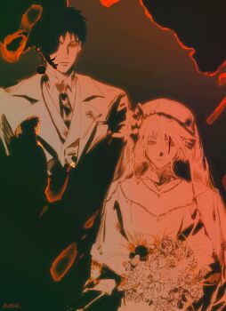 1boy 1girl absurdres bouquet breasts burning burnt closed_mouth coat dress eluspac_maru flower formal_clothes genderswap genderswap_(mtf) hatake_kakashi highres husband_and_wife jewelry medium_hair mole naruto_(series) naruto_shippuuden necklace scar scar_across_eye scar_on_face shirt short_hair uchiha_obito veil