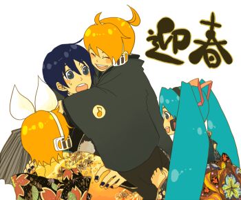 Rule 34 | 2boys, 2girls, :d, :o, blonde hair, blue eyes, blue hair, blush, bow, bow hairband, den, floral print, floral print kimono, glomp, hair ornament, hairband, hatsune miku, headset, hug, japanese clothes, kagamine len, kagamine rin, kaito (vocaloid), kimono, long hair, long sleeves, multiple boys, multiple girls, new year, open mouth, ponytail, print kimono, short hair, short ponytail, smile, sweatdrop, twintails, vocaloid