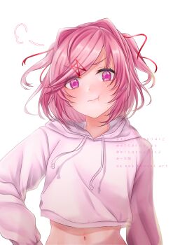 1girl :t absurdres annoyed arm_at_side artist_name blush bob_cut breasts bright_pupils casual closed_mouth commentary crop_top cropped_hoodie doki_doki_literature_club drawstring eyelashes hair_intakes hair_ornament hair_ribbon hand_on_own_hip highres hood hood_down hoodie long_sleeves looking_at_viewer mi_tarou0412 midriff natsuki_(doki_doki_literature_club) navel pink_eyes pink_hair pink_hoodie pixiv_username pout puff_of_air puffy_cheeks red_ribbon ribbon short_hair small_breasts solo standing swept_bangs tsundere twitter_username two_side_up upper_body v-shaped_eyebrows x_hair_ornament